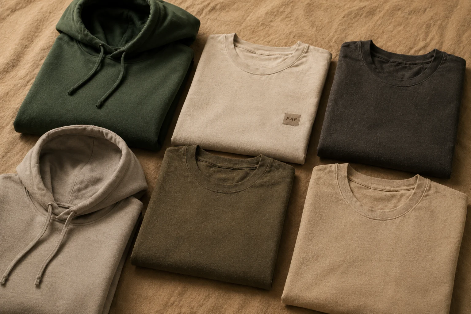 BadAss Elder — hoodies and tees folded on warm linen